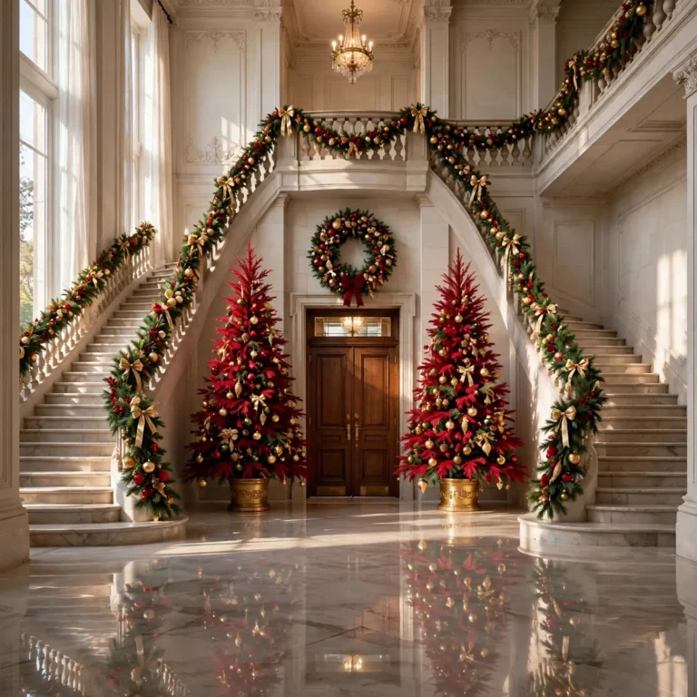 christmas entryway decor ideas: grand foyer with garland-draped double staircase in crimson, pine and gold
