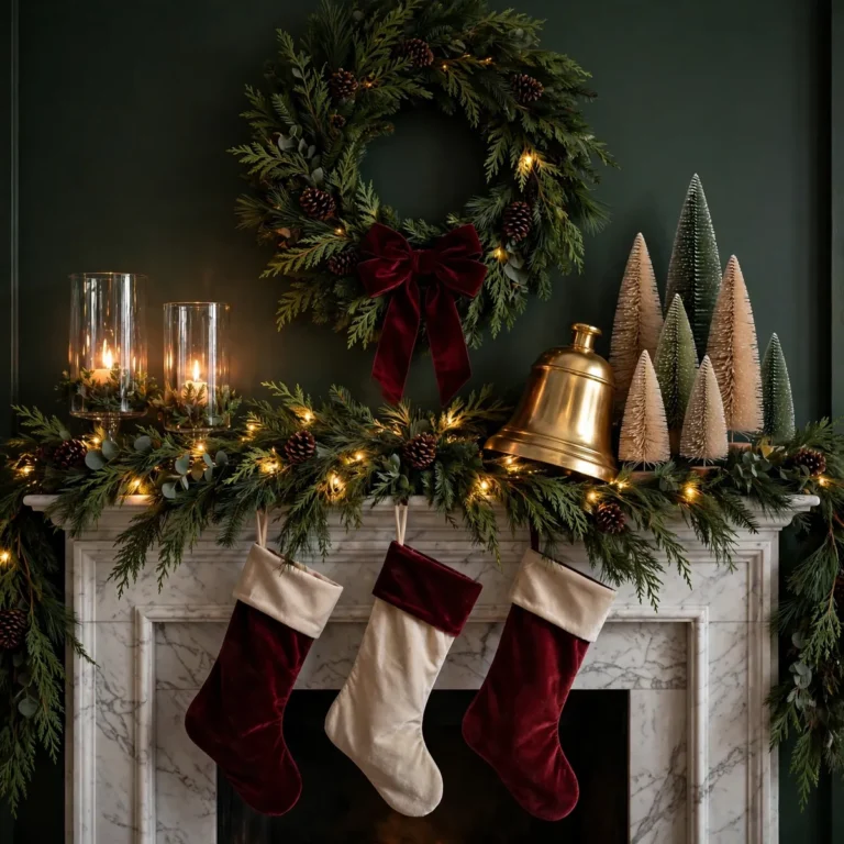 christmas mantel decor ideas: elegant christmas mantel with layered garland, stockings and wreath