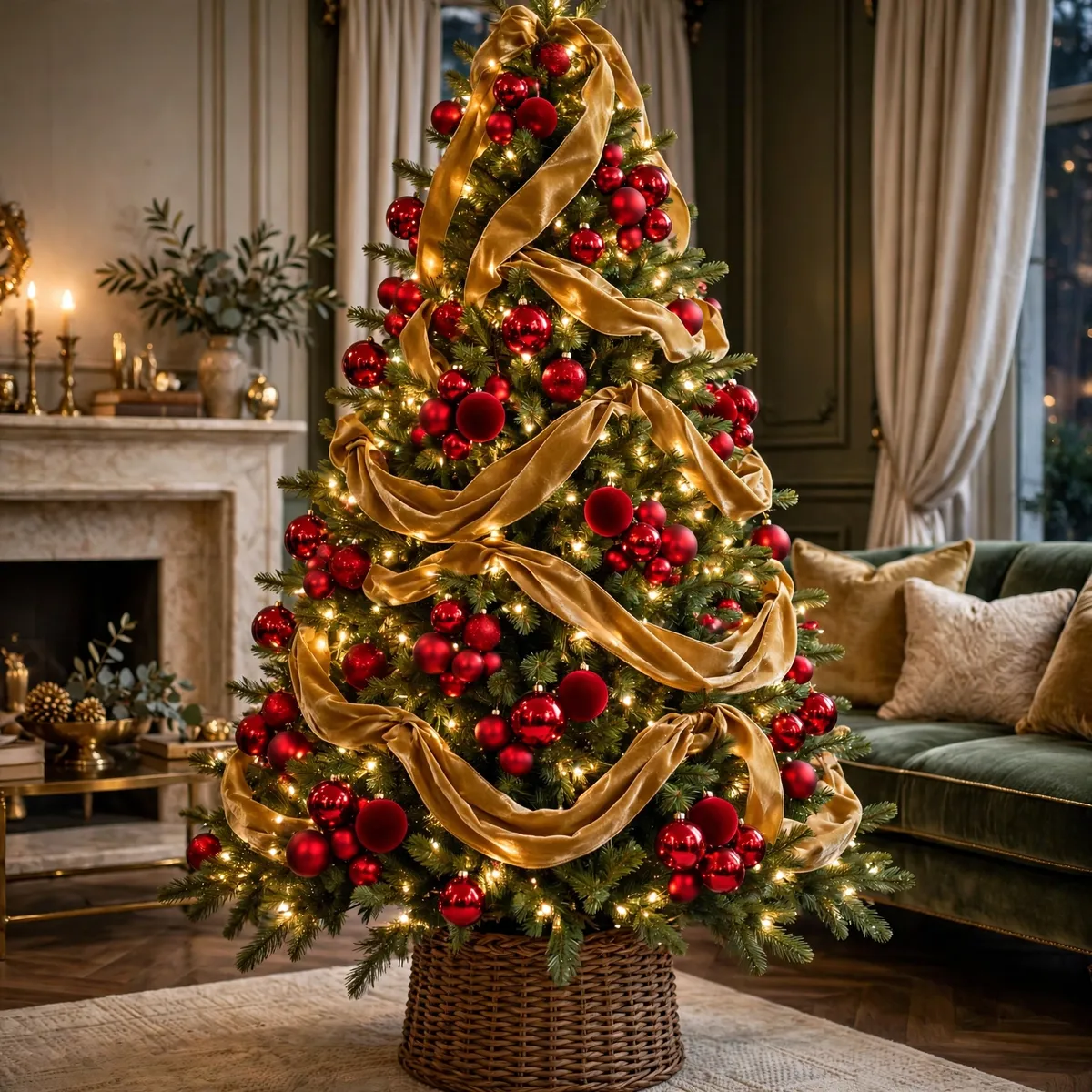 Christmas tree ideas: Classic Red-and-Gold with Velvet Ribbon
