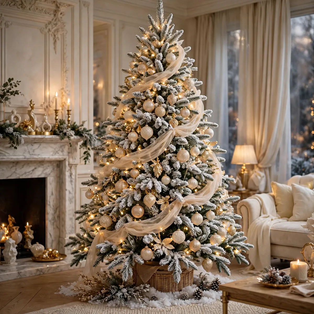 Christmas tree ideas: Flocked Winter Beauty in Champagne Tones