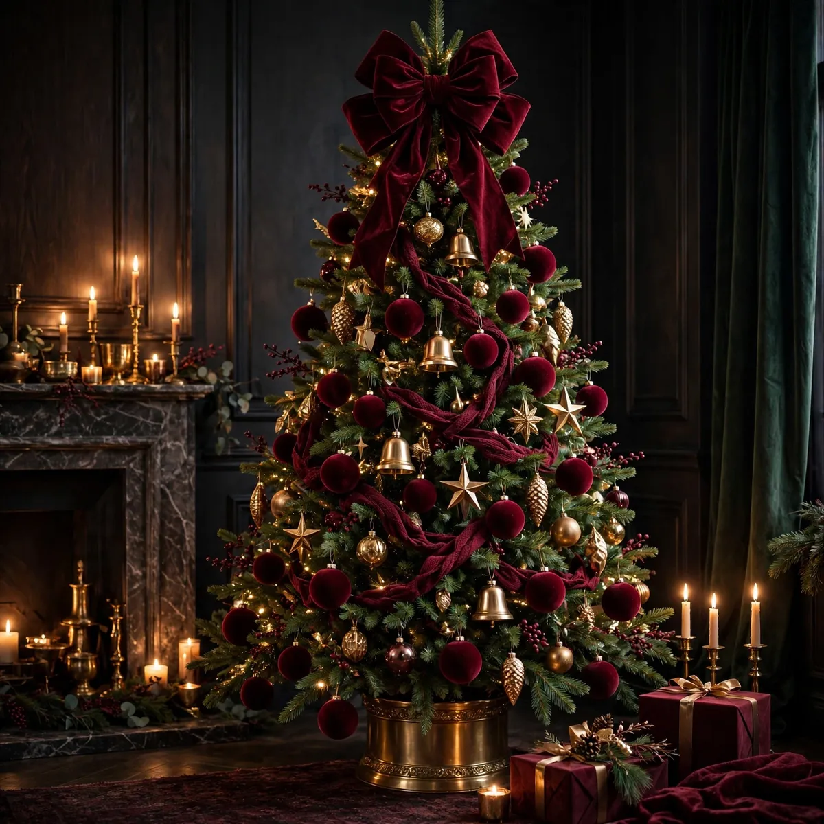 Christmas tree ideas: Burgundy and Brass Luxe Tree