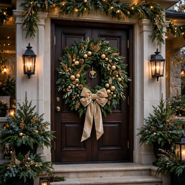 Beautiful Christmas wreath on an elegant front door