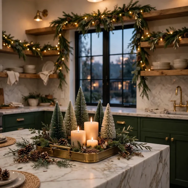 christmas kitchen decor ideas: luxury Christmas kitchen with decorated island tray, garland-lit open shelves, and glowing window