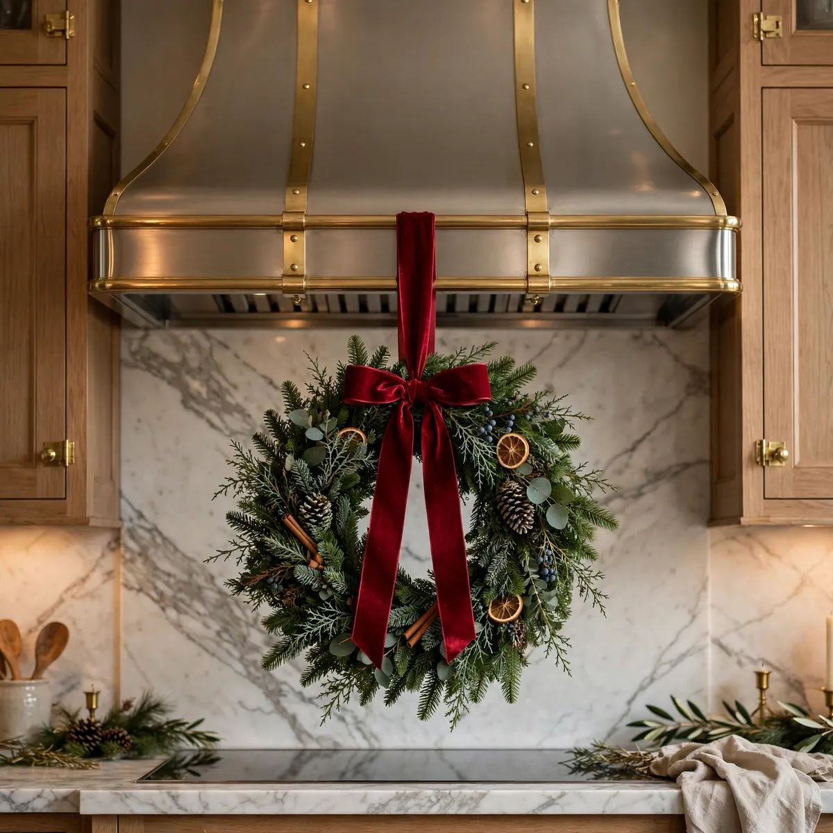 christmas kitchen decor ideas: luxury range hood with lush evergreen wreath hung by a wide ribbon