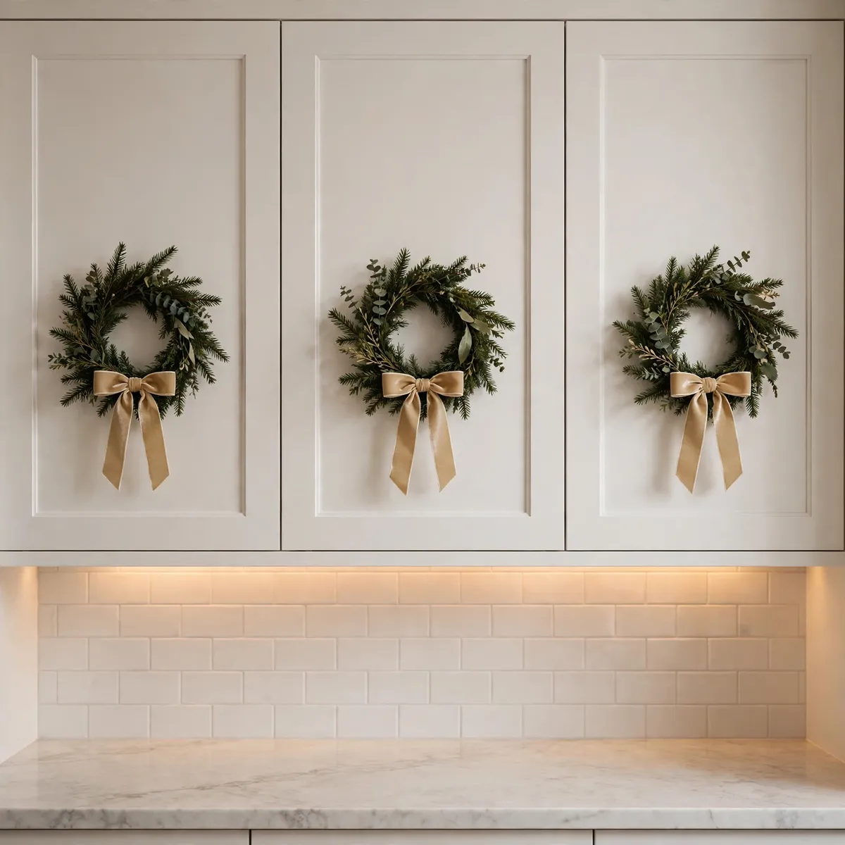 christmas kitchen decor ideas: white shaker cabinet doors decorated with small wreaths tied in velvet ribbon