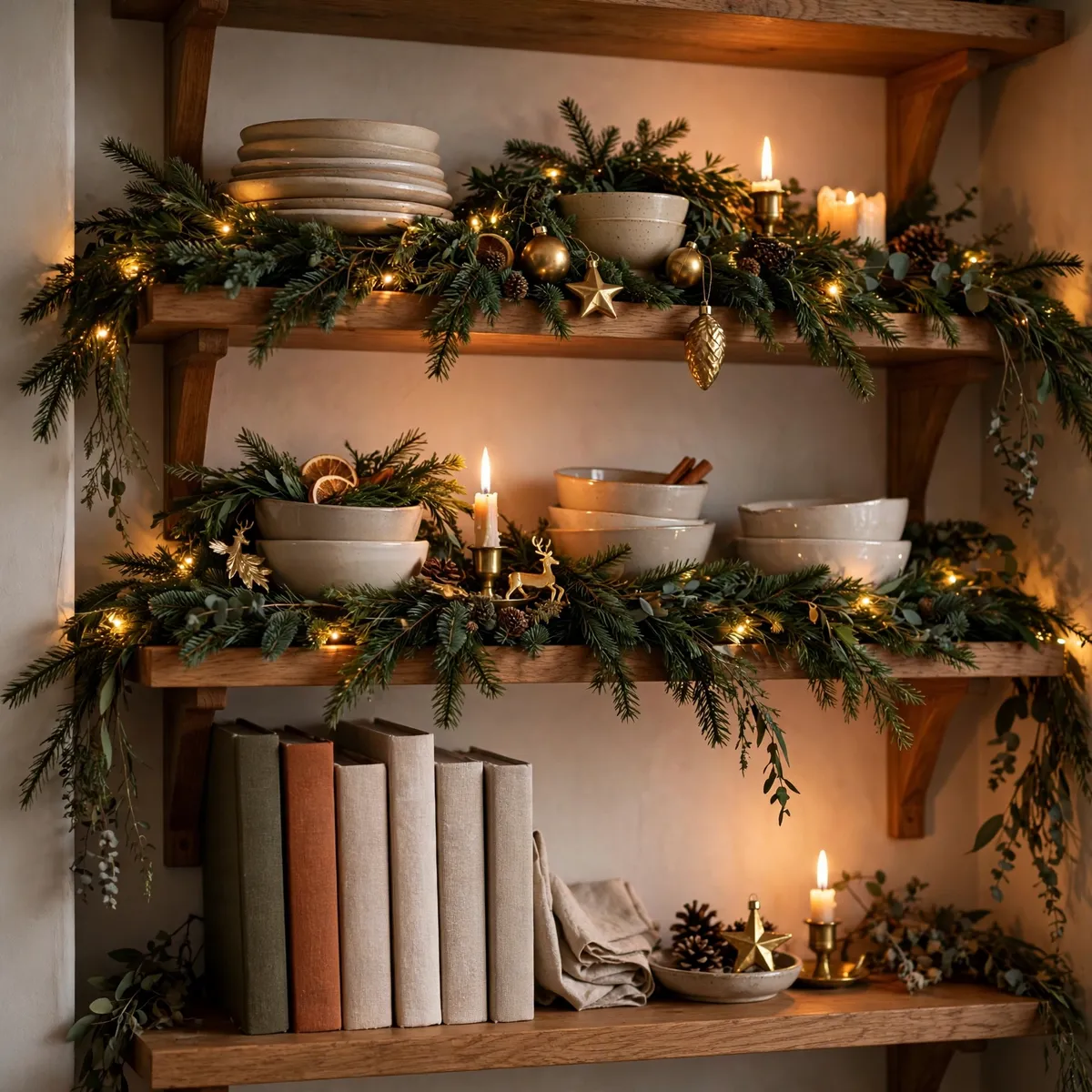 christmas kitchen decor ideas: open wooden kitchen shelves draped with evergreen garland, ornaments, and seasonal cookbooks