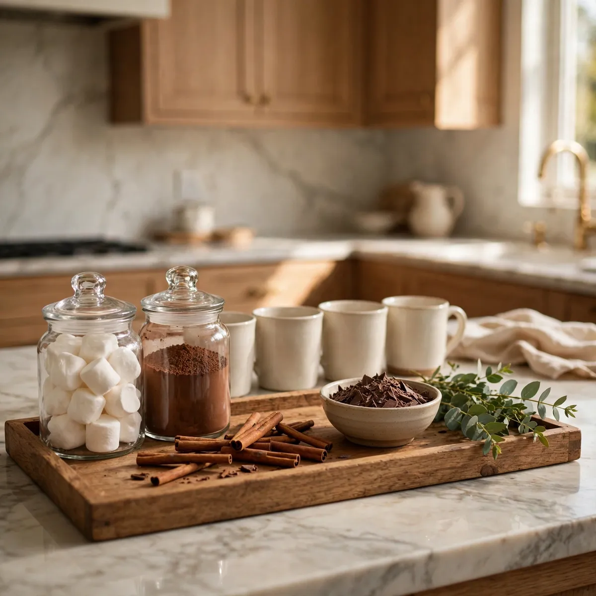 christmas kitchen decor ideas: styled hot cocoa bar station with mugs, glass jars of marshmallows, and cocoa powder
