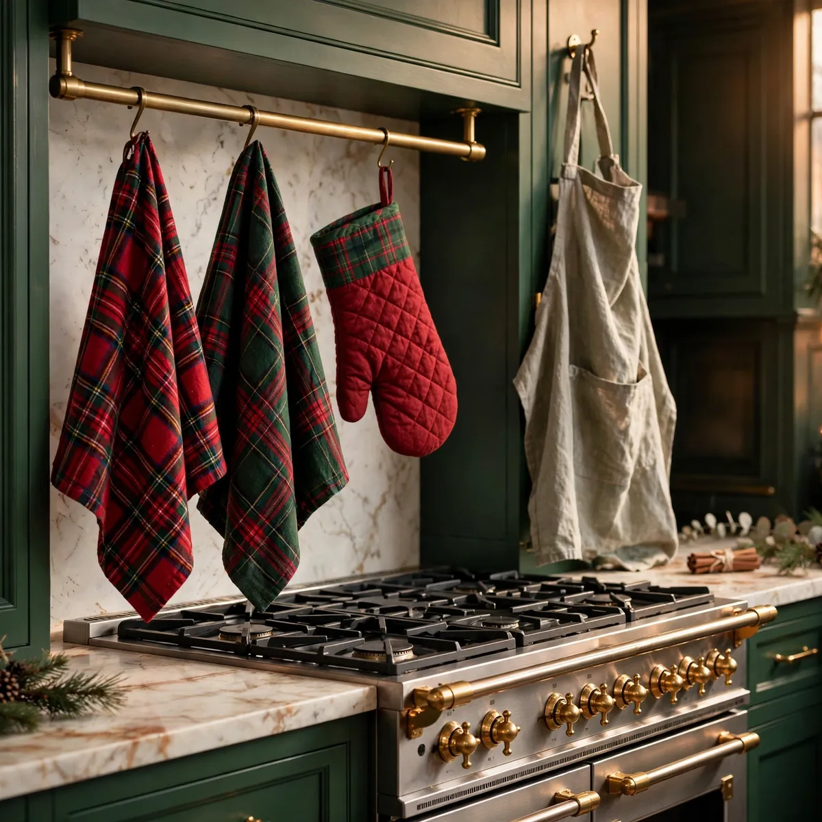 christmas kitchen decor ideas: festive plaid dish towels, oven mitt, and apron hanging beside a stove