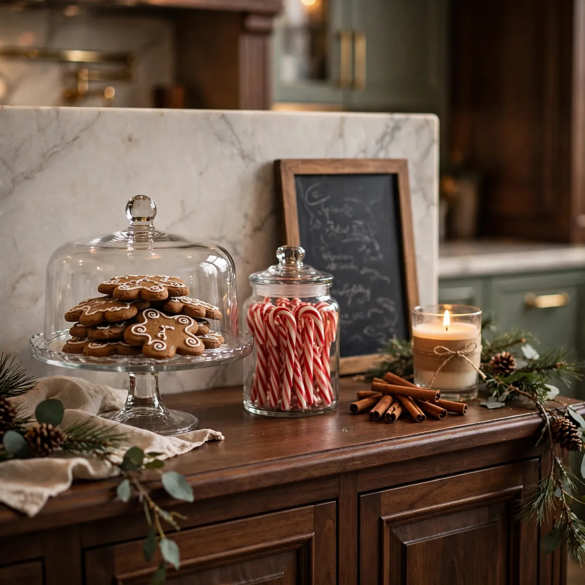 christmas kitchen decor ideas: gingerbread cookie display on a cake stand beside chalkboard art with holiday menu