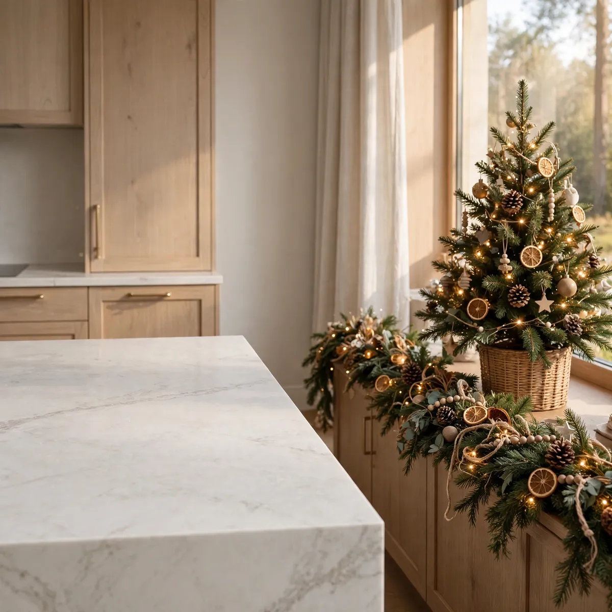 christmas kitchen decor ideas: clean uncluttered kitchen prep counter next to a festively decorated zone