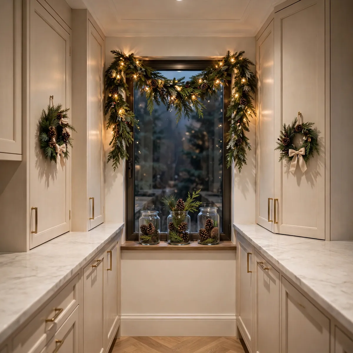 christmas kitchen decor ideas: small galley kitchen decorated vertically with garland, wreaths, and fairy lights