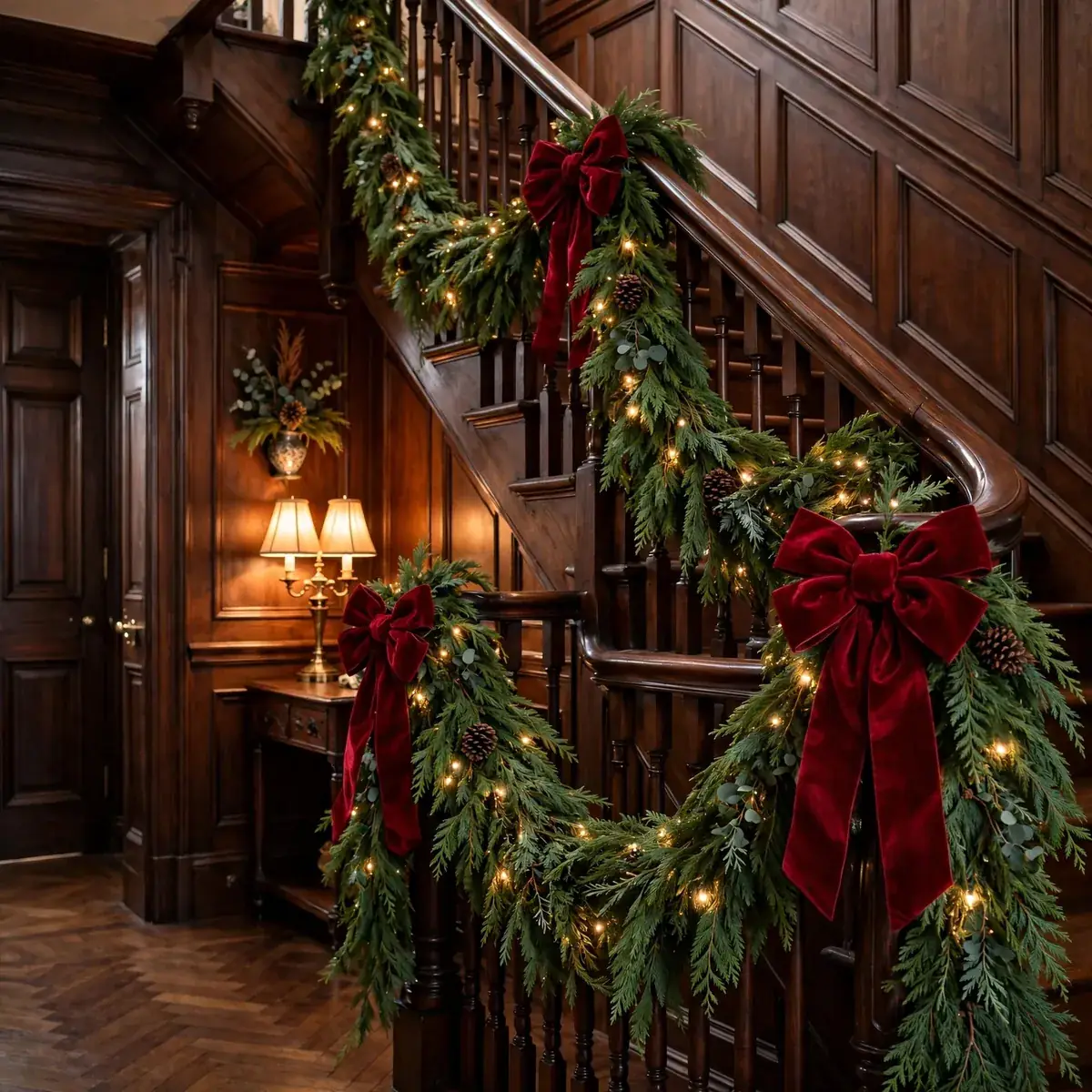 christmas staircase decor ideas: dark wood staircase with red velvet bows, pinecone garland and warm string lights