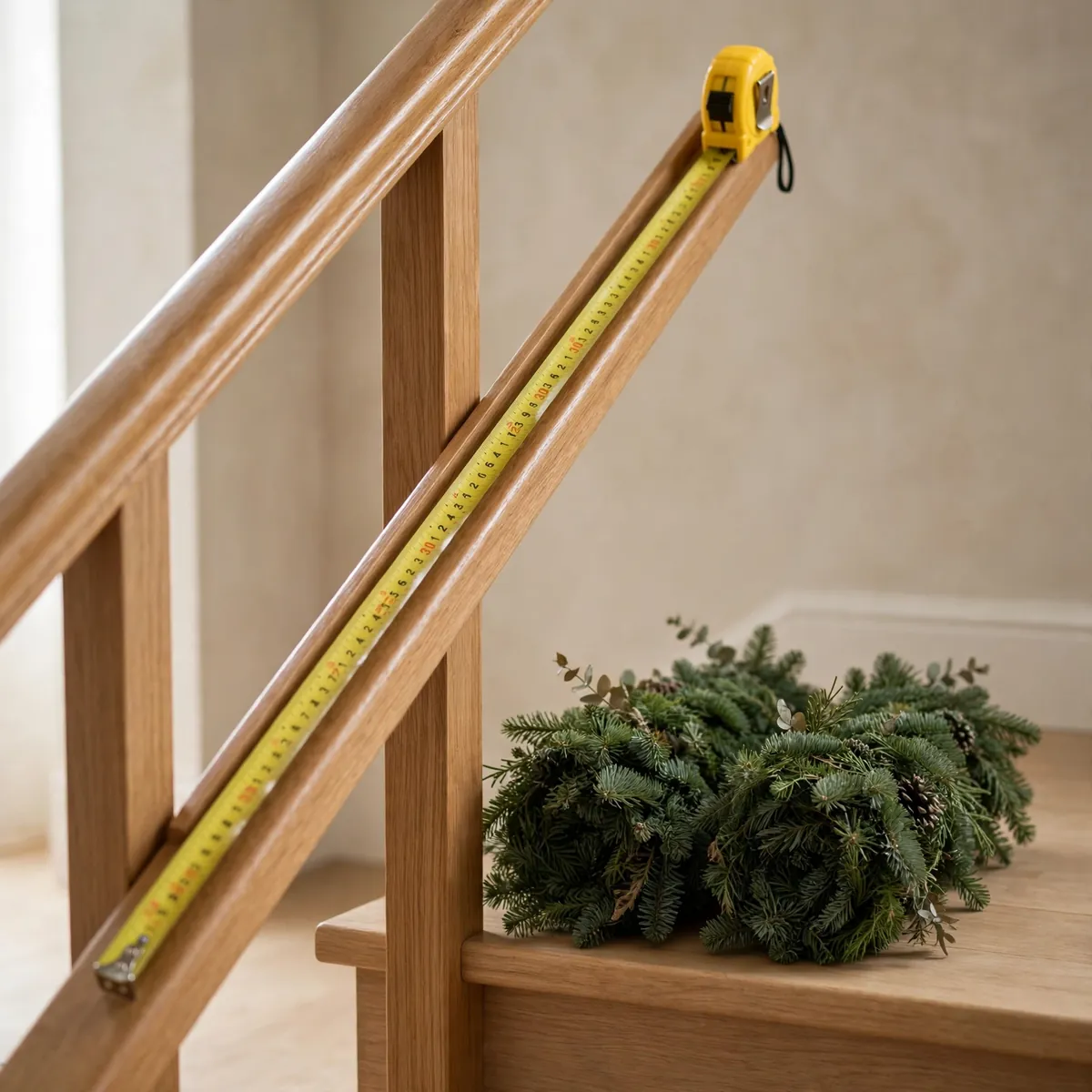 christmas staircase decor ideas: tape measure along a wooden banister with bundles of fresh garland ready to hang