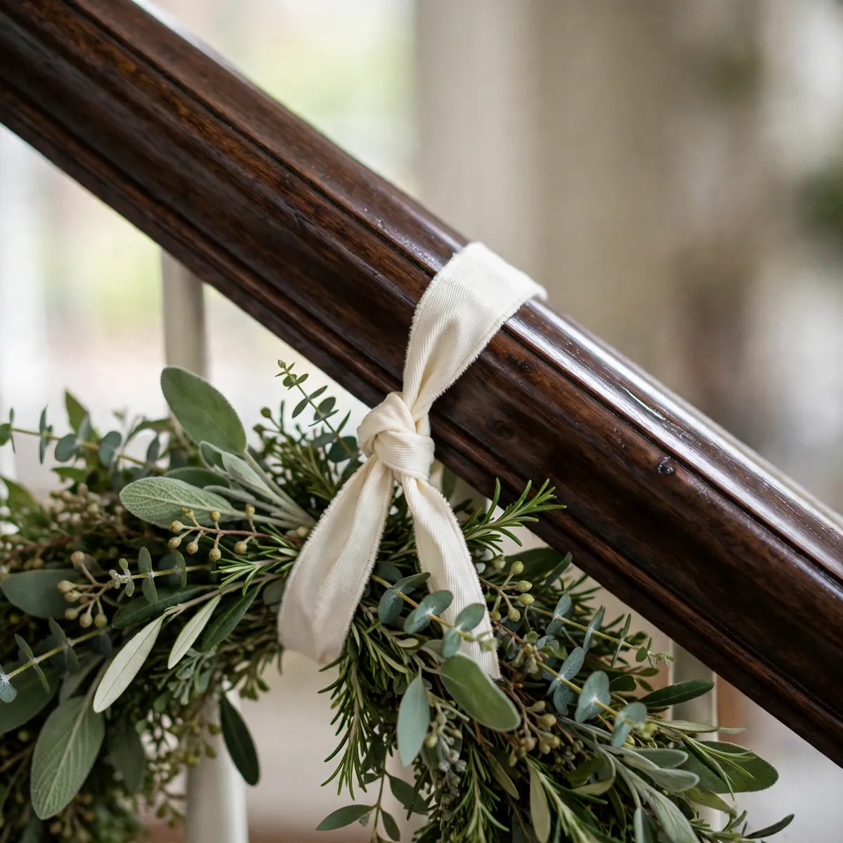 christmas staircase decor ideas: fresh eucalyptus and rosemary swag tied to a dark wood banister with cream ribbon