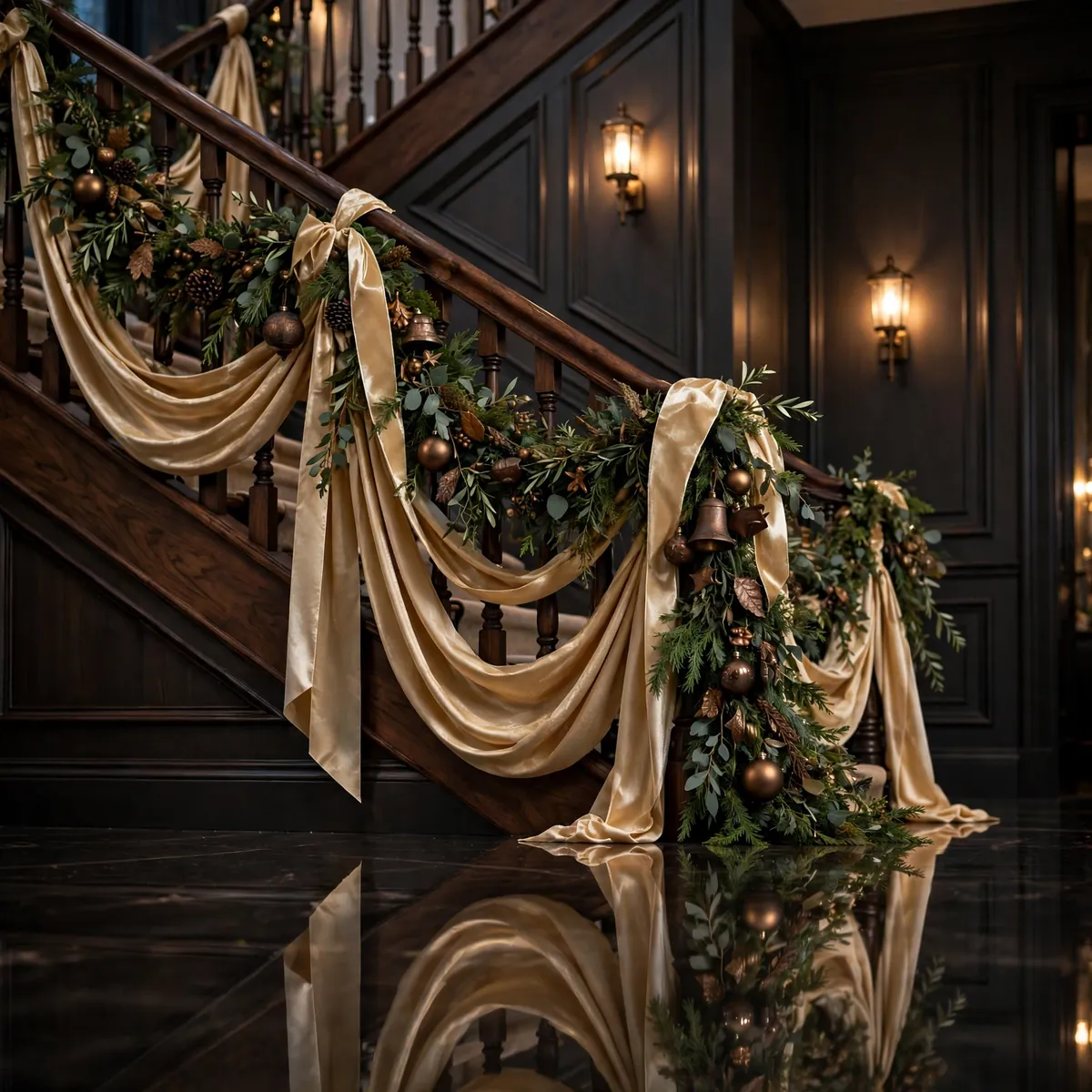 christmas staircase decor ideas: champagne satin ribbon swags with copper ornaments and bells on a dark staircase