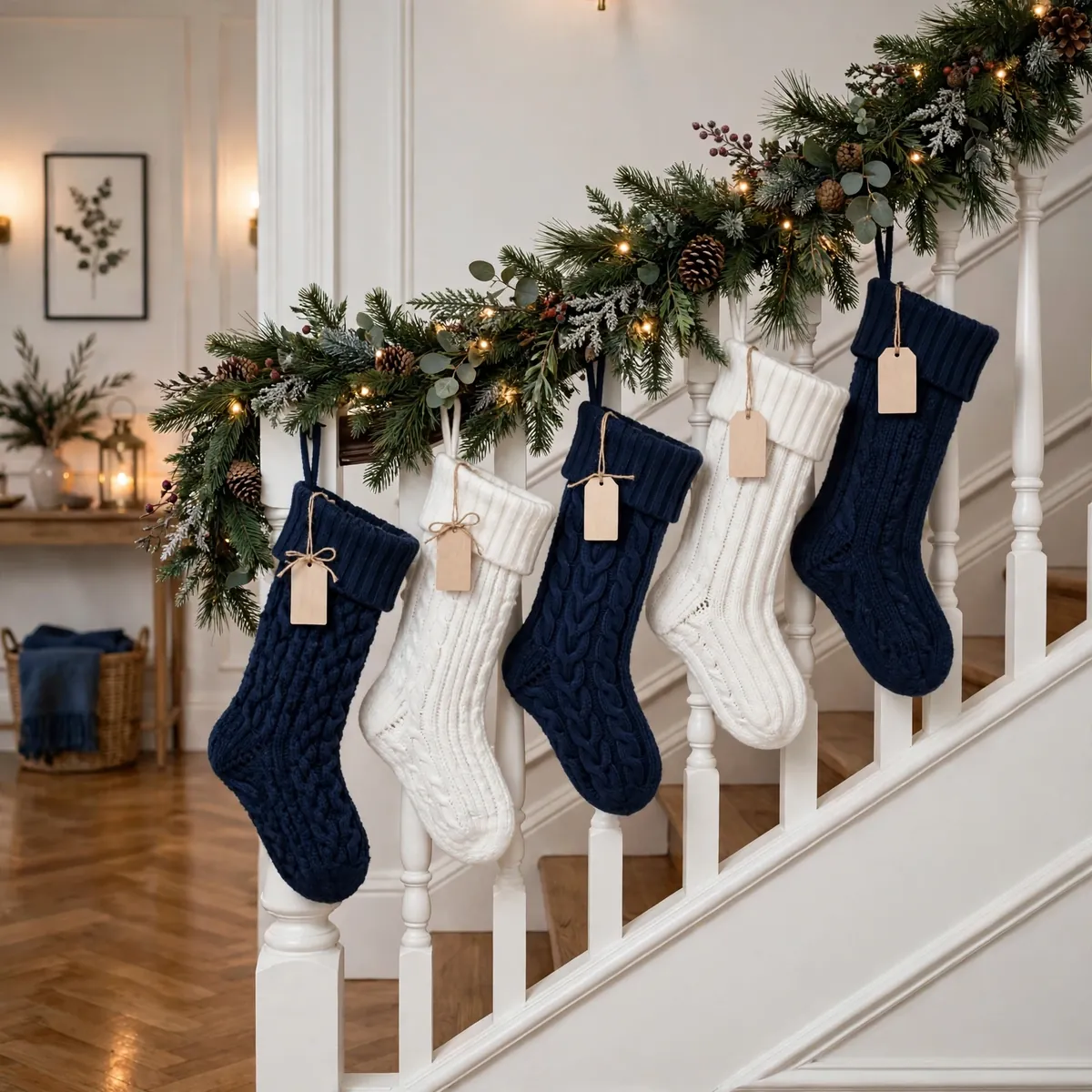 christmas staircase decor ideas: navy and white cable-knit stockings with gift tags hung from garland on a white staircase