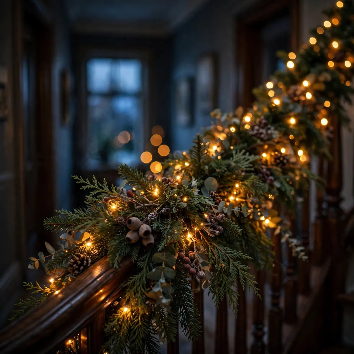 christmas staircase decor ideas: garland densely woven with warm white fairy lights glowing at dusk