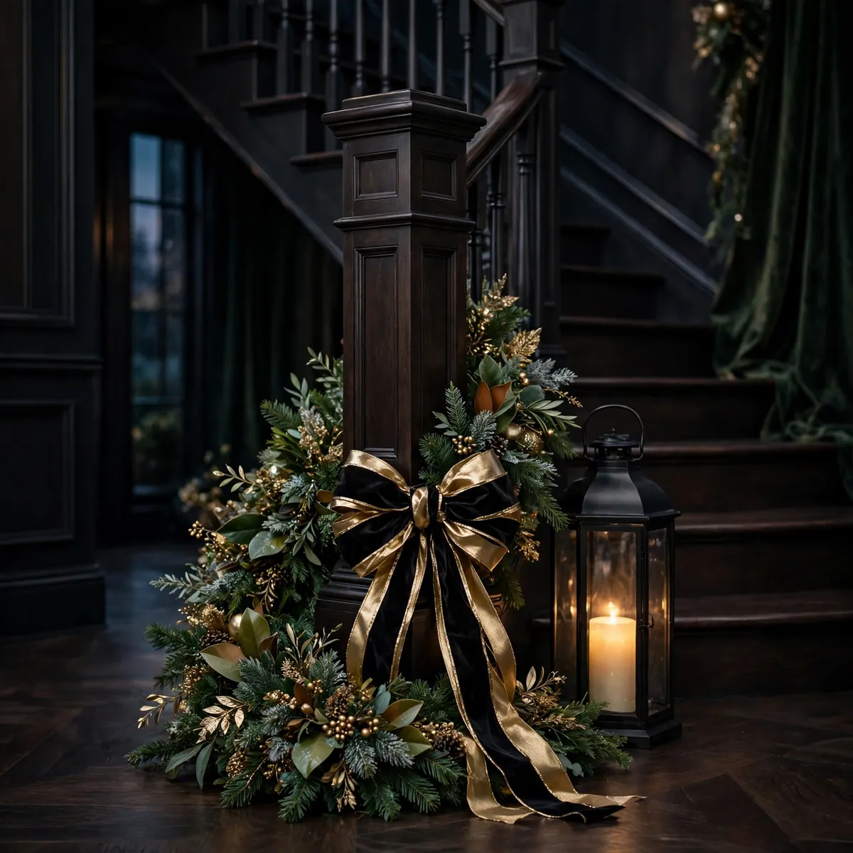 christmas staircase decor ideas: newel post wrapped in garland with a black and gold bow beside a candle lantern