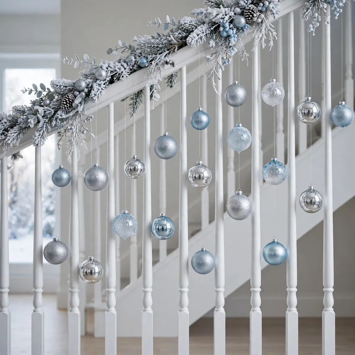 christmas staircase decor ideas: flocked snowy garland with silver and blue baubles hanging from white balusters