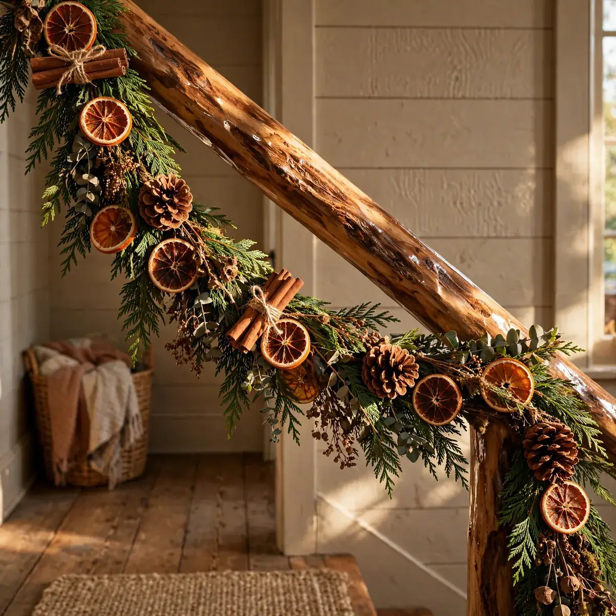 christmas staircase decor ideas: rustic garland with dried orange slices, cinnamon sticks and pinecones on a wood banister