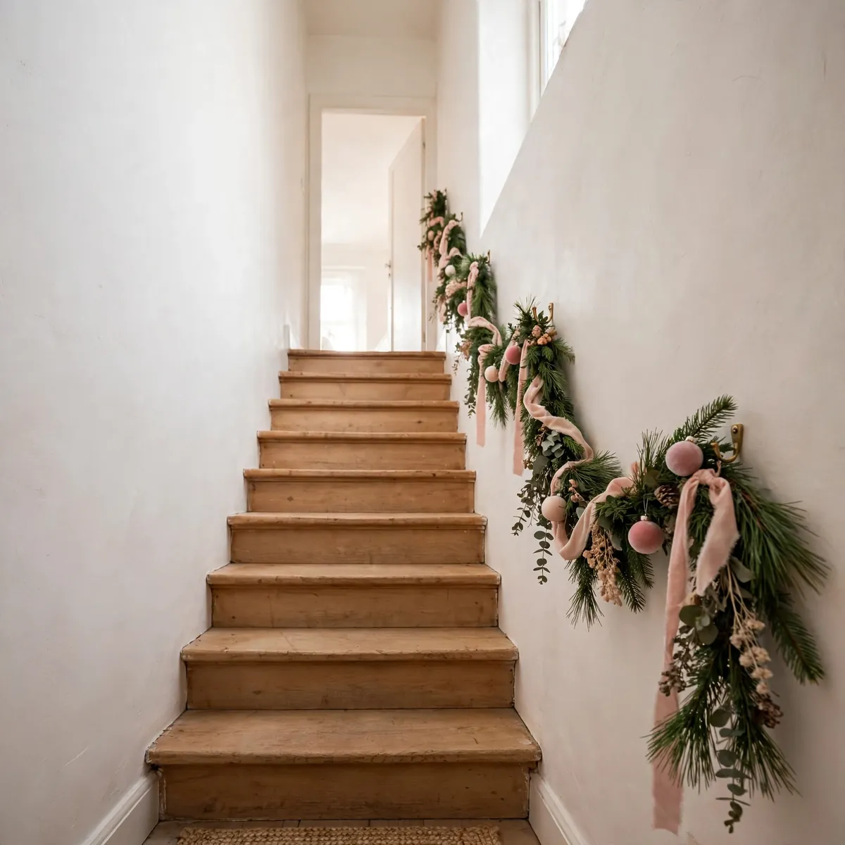 christmas staircase decor ideas: garland swags mounted on the wall with blush pink ribbons along a narrow staircase