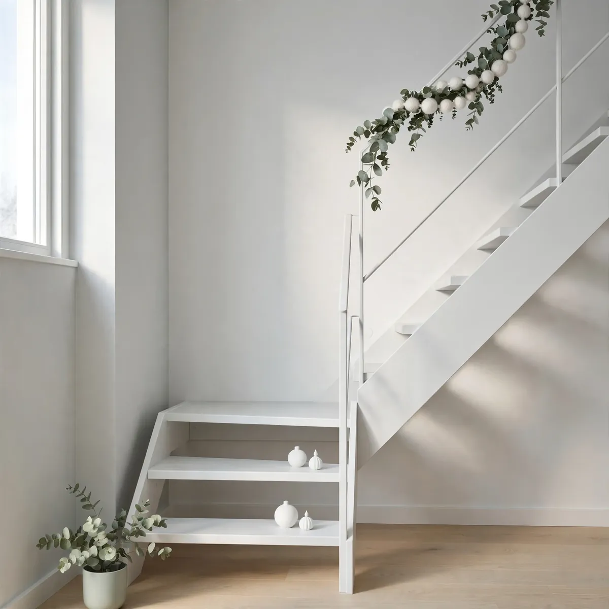 christmas staircase decor ideas: minimalist white staircase with a simple eucalyptus and white bauble garland