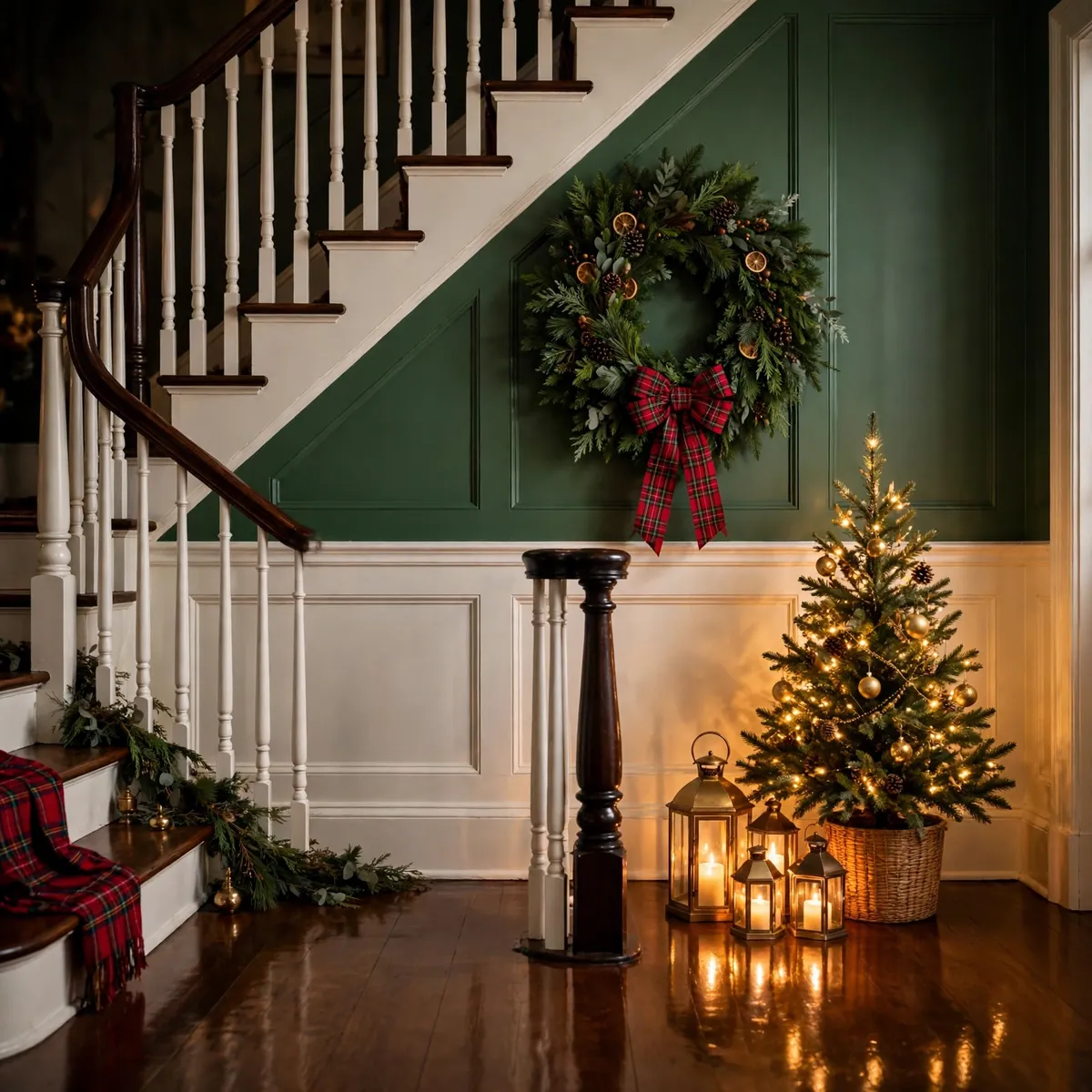 christmas staircase decor ideas: entryway landing with a plaid-bow wreath, small lit Christmas tree and lanterns
